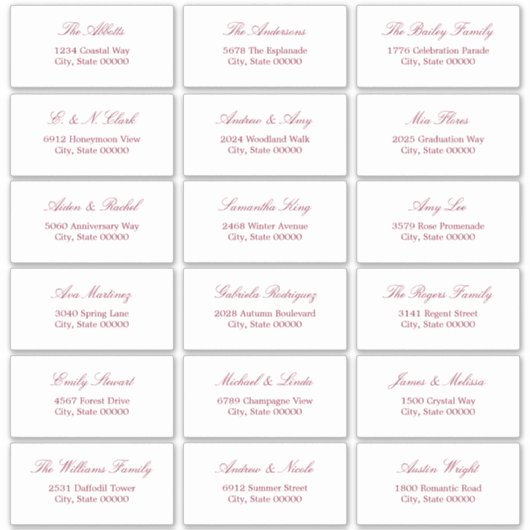 Burgundy Script 18 Étiquettes de adresse invités (Devant)