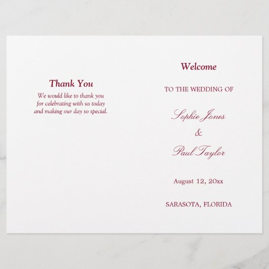Burgundy Script Bi-Fold Wedding Programme (Devant)