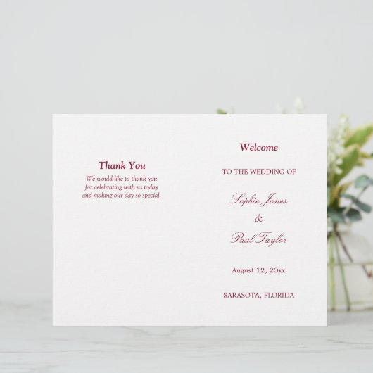 Burgundy Script Bi-Fold Wedding Programme (Debout devant)