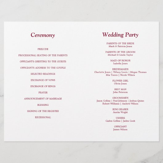 Burgundy Script Bi-Fold Wedding Programme (Dos)