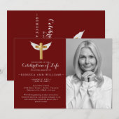 Burgundy Script Elegant Photo Celebration of life Kaart (Voorkant / Achterkant)