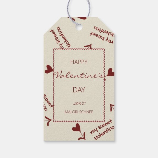 Burgundy Script Hearts on Cream– Valentine Pattern Cadeaulabel (Achterkant)