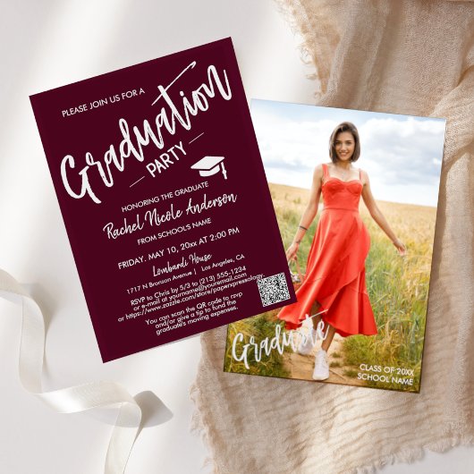 Burgundy Script QR Code Foto Graduparty Kaart