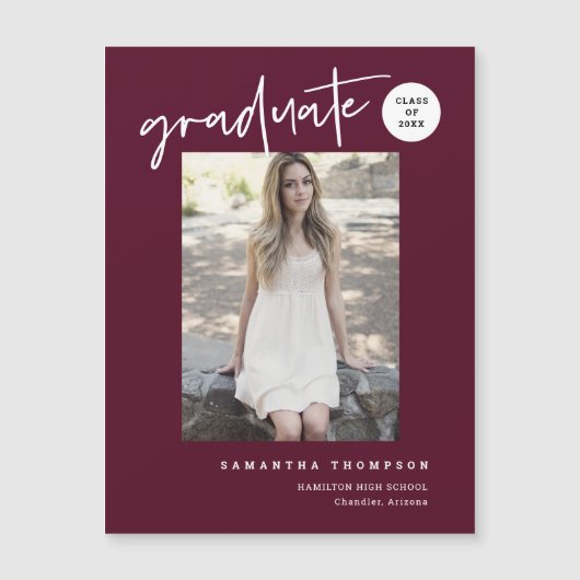 Burgundy Script School Graduate Photo Magnet (Devant)