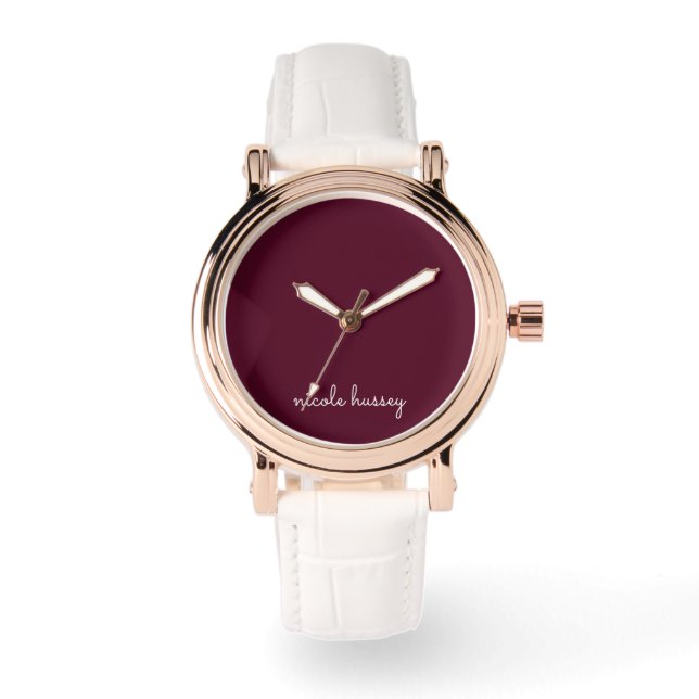 Burgundy Script  | Stylish Monogram Modern Horloge (Voorkant)