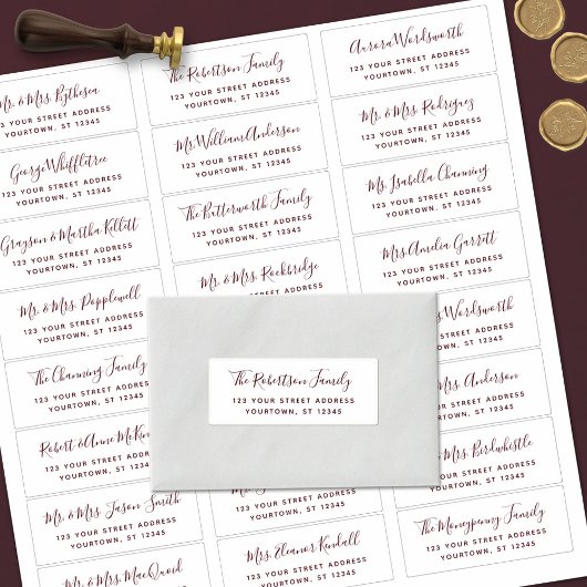 Burgundy Script Weddenschappen Adresetiketten Sticker