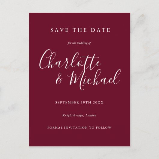 Burgundy Script Wedding Enregistrer la carte Date (Devant)