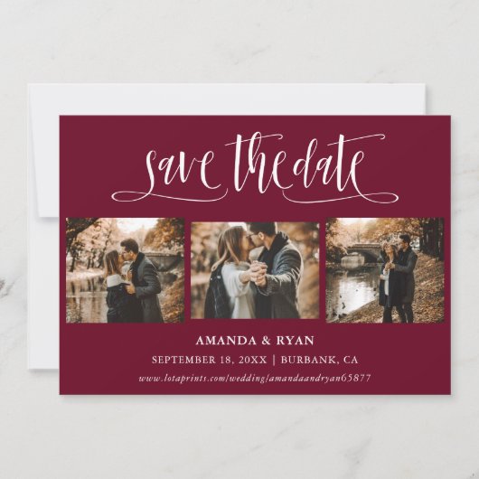Burgundy Script Weduwfoto Save the Date (Voorkant)