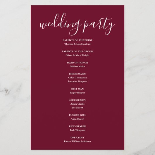 Burgundy Signature Script Mariage Programme de bie (Dos)