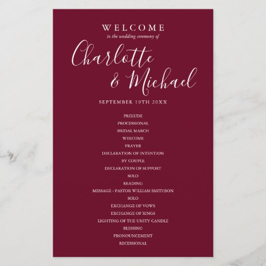 Burgundy Signature Script Mariage Programme de bie (Devant)