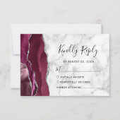 Burgundy Silver Agate Marble Wedding RSVP Kaartje (Voorkant)