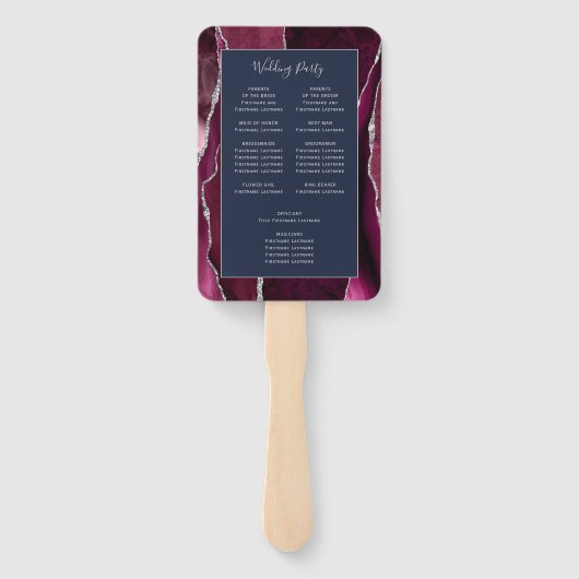 Burgundy Silver Agate Navy Blue Wedding Program Handwaaier (Achterkant)