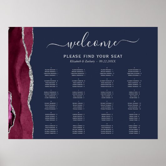 Burgundy Silver Agate Navy Blue Wedding Seating Se Poster (Voorkant)