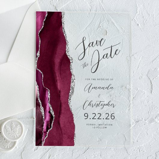 Burgundy Silver Agate Script Faire-Part de Date de