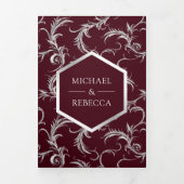 Burgundy Silver Flourish Swirl Wedding Photo Drieluik Uitnodiging (Cover)