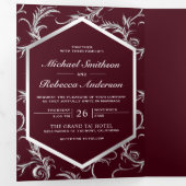 Burgundy Silver Flourish Swirl Wedding Photo Drieluik Uitnodiging (Binnenzijde eerst)