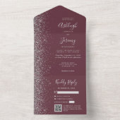 Burgundy Silver Glitter QR Code Wedding All In One Uitnodiging (Binnen)