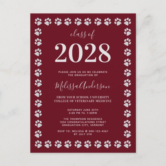 Burgundy Silver Paw-Afstuderen Uitnodiging Briefkaart (Voorkant)