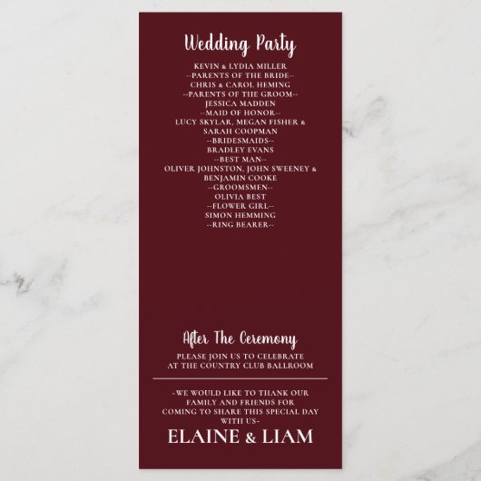 Burgundy Simple Calligraphy Modern Wedding Programma (Achterkant)