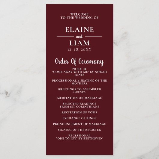 Burgundy Simple Calligraphy Modern Wedding Programma (Voorkant)