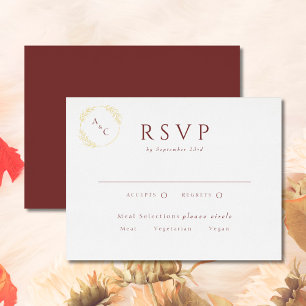 Burgundy Simple Monogram Leaves RSVP Gold Folie Uitnodiging Briefkaart