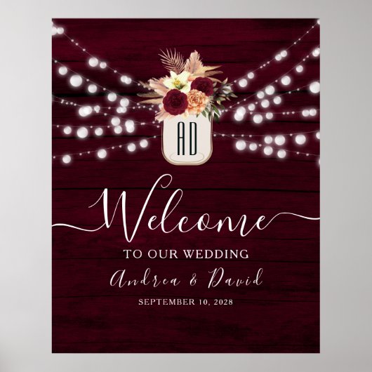 Burgundy String Lights Wedding Welcome Poster (Voorkant)