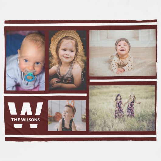 Burgundy Stripes Multiple Photos Custom Monogram Fleece Deken (Voorkant (Horizontaal))