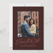 Burgundy stylish script two photo wedding save the date (Voorkant)