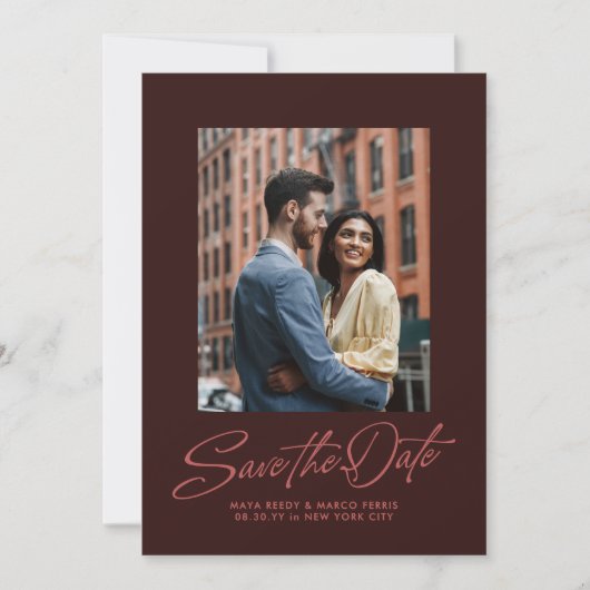 Burgundy stylish script two photo wedding save the date (Voorkant)