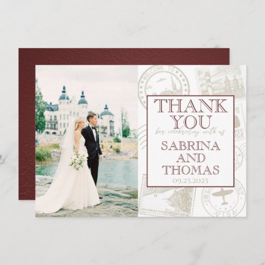 Burgundy Suède Mariage Photo Merci (Devant / Derrière)