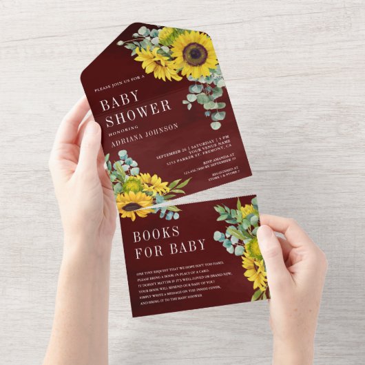 Burgundy Sunflower Eucalyptus Leaves Baby shower All In One Uitnodiging (Afscheurbaar)