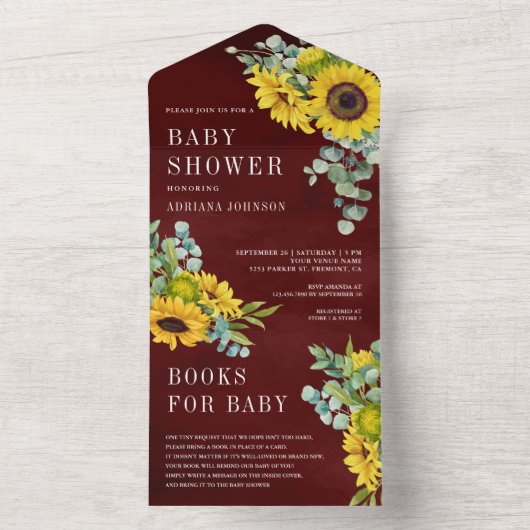 Burgundy Sunflower Eucalyptus Leaves Baby shower All In One Uitnodiging (Binnen)