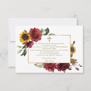 Burgundy Sunflower Gracias Con Oración Bautizo Bedankkaart