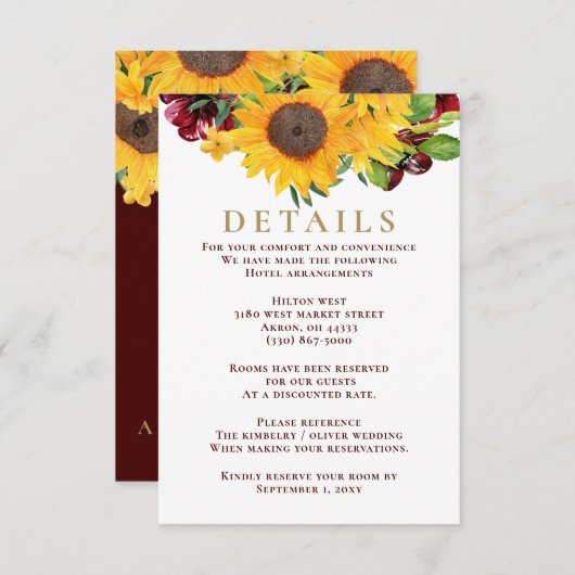 Burgundy Sunflower Rustic Wedding Enclosure Kaart (Voorkant / Achterkant)