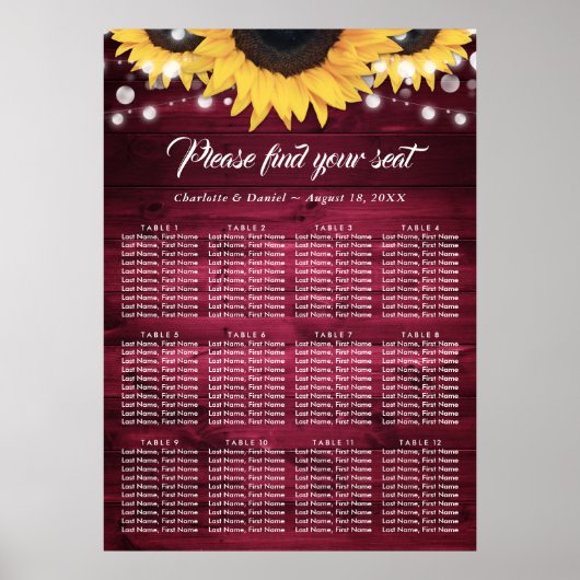 Burgundy Sunflower Wedding Seating Chart Poster (Voorkant)