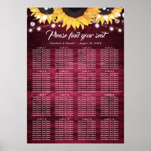 Burgundy Sunflower Wedding Table Plan 16 Poster (Devant)