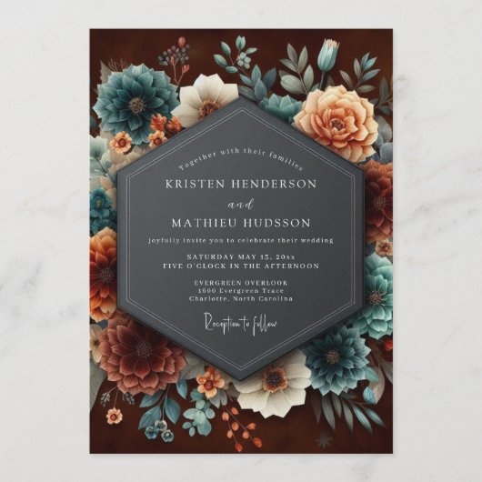 Burgundy Teal Dutch Bloom Wedding Kaart (Voorkant)