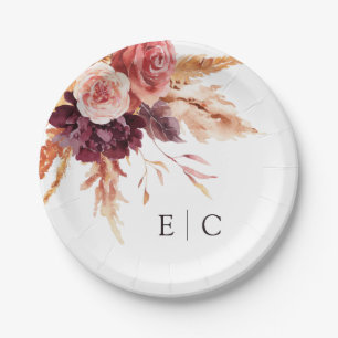 Burgundy Terracotta Floral Wedding Monogram Papieren Bordje