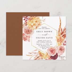 Burgundy Terracotta Gold Floral Wedding Square Kaart