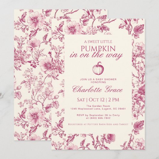 Burgundy Toile de Jouy Citrouille Invitation Baby  (Devant / Derrière)