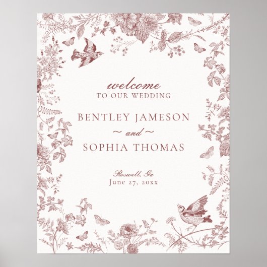 Burgundy Toile De Jouy Mariage Floral Affiche de b (Devant)