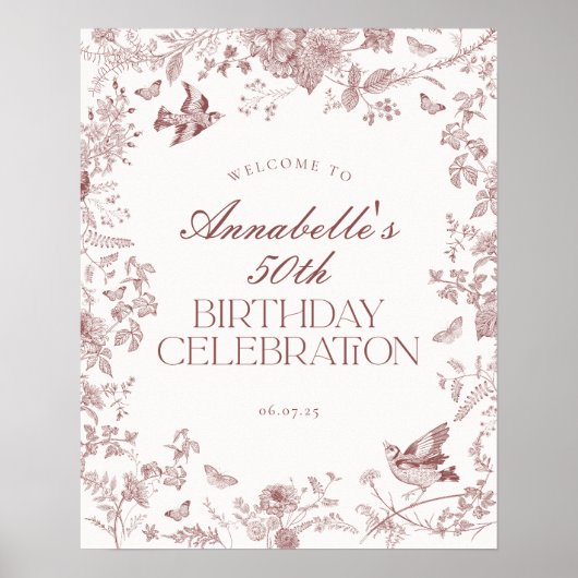 Burgundy Toile Floral Anniversaire Affiche de bien (Devant)