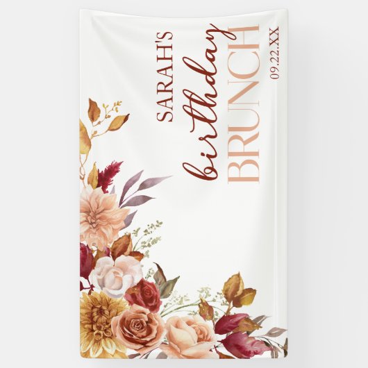 Burgundy Verbrande Sinaasappel Bloemige Verjaardag Spandoek (Verticaal)