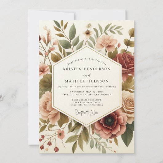 Burgundy Vintage Bloom Wedding Kaart (Voorkant)