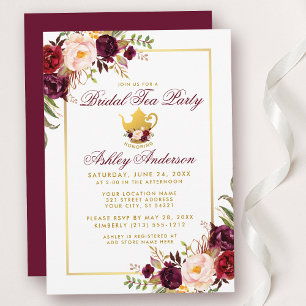 Burgundy Vrijgezellenfeest Tea Party Gold Invite B Kaart