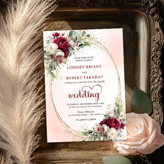 Burgundy Watercolor Floral Gold Wedding Invitation