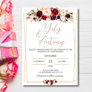 Burgundy watercolor modern flowers  invitation 