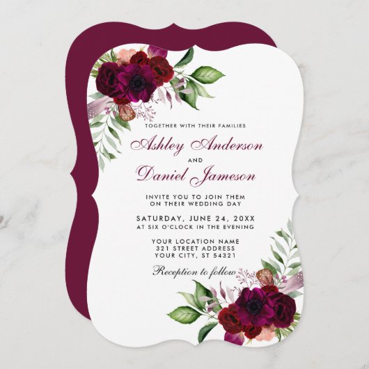 Burgundy Waterverf Floral Boho Wedding B Kaart (Voorkant / Achterkant)