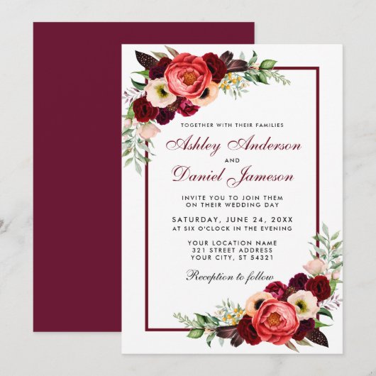 Burgundy Waterverf Floral Boho Wedding Invite Kaart (Voorkant / Achterkant)