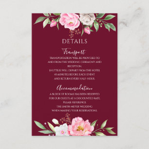 Burgundy Waterverf Floral Elegant Wedding Details Informatiekaartje